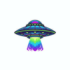 Colorful UFO Flying Saucer Vector Illustration – Alien Spaceship with Neon Lights