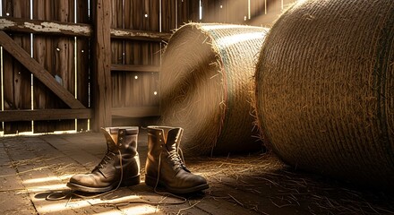Old Work Boots Resting Amongst Hay Bales in a Dusty Barn