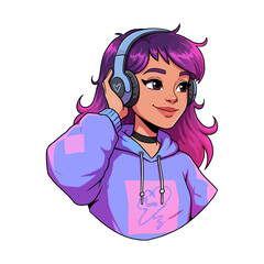 Young woman with purple hair enjoying music through headphones, wearing a hoodie