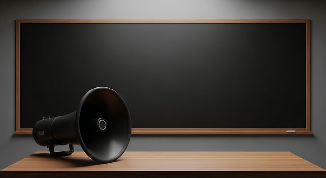 Classroom setup with a large black chalkboard mounted on a dark gray wall behind a wooden desk and a black megaphone placed on the surface for