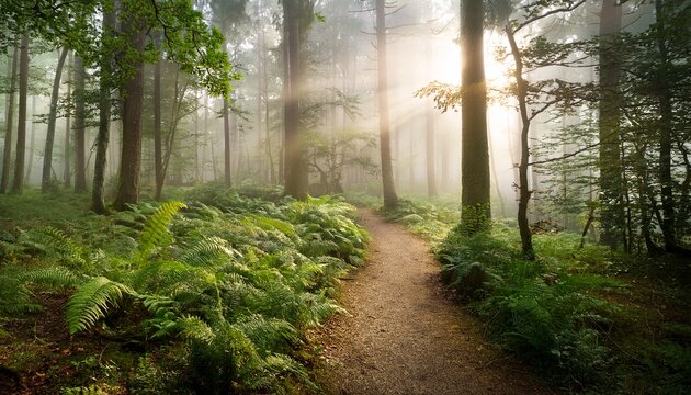 misty forest path with sunlight and ferns - Powered by Adobe