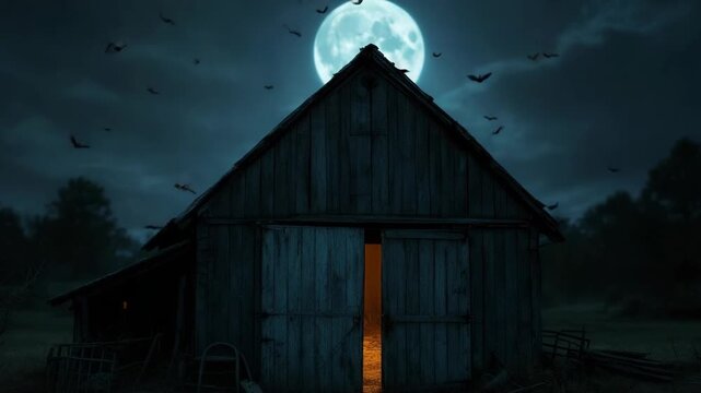 Eerie barn illuminated by glowing light under a full moon with bats flying in the night sky