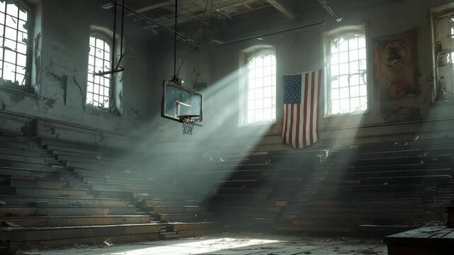 Abandoned gymnasium with sunlight streaming through windows illuminating dusty wooden bleachers