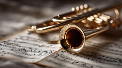 Polished brass trumpet resting on antique sheet music.