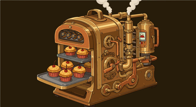 steampunk oven baking cupcakes, bronze, smoke clip art preview