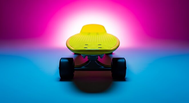 Vibrant yellow skateboard illuminated with colorful background highlighting urban leisure and extreme sports lifestyle dynamic energy young culture