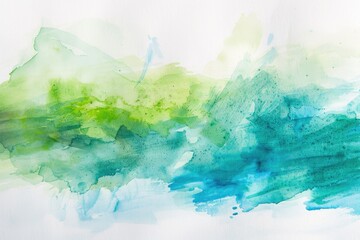 Abstract green-blue watercolor wash painting on white paper background; design element