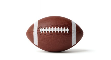 Close-up of American football with detailed textured surface and white laces on plain white background perfect for sports-themed design or advertising