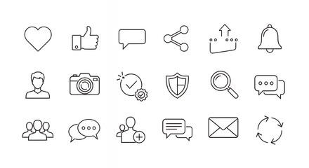 Collection of minimalistic icons representing social media interactions and communication tools arranged in a grid format
