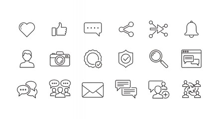 Minimalistic Outline Icons Depicting Social Media, Communication, and Notification Symbols in a Clean, Modern Line Art Style for User Interface Design