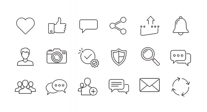 Collection of minimalistic icons representing social media interactions and communication tools arranged in a grid format
