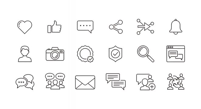 Minimalistic Outline Icons Depicting Social Media, Communication, and Notification Symbols in a Clean, Modern Line Art Style for User Interface Design