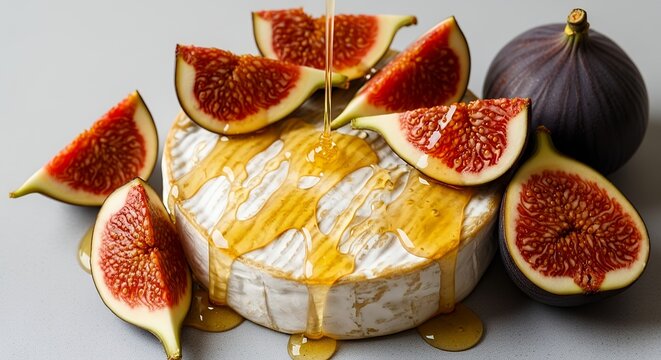 Gourmet cheese wheel topped with ripe fresh figs drizzled with golden honey creating an elegant and decadent culinary presentation