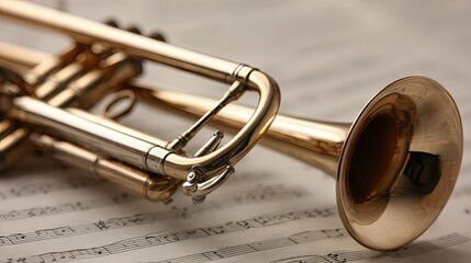 Naklejka premium Polished brass trumpet resting on sheet music.