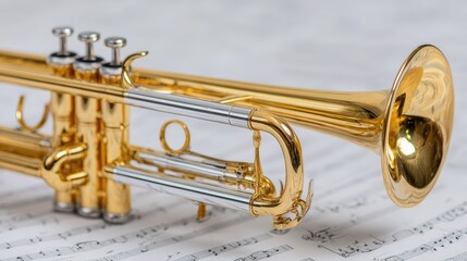 Naklejka premium Polished brass trumpet on sheet music.