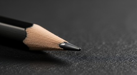 Close-up of a sharpened black graphite pencil resting on textured dark surface emphasizing precision and artistic tools for detailed drawing