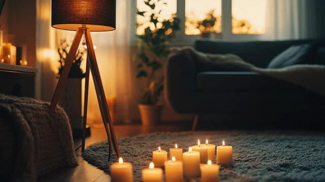 Cozy candlelit setting with couch and floor lamp