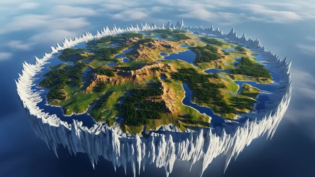 A stylized flat earth map depiction, showing continents, oceans, and an icy perimeter, viewed from above the clouds.