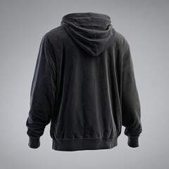 Dark gray hoodie, studio shot, rear view, gray background, apparel catalog