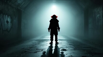 Mysterious figure in dark tunnel illuminated by eerie light, creating suspenseful atmosphere