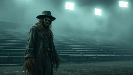 Scarecrow figure stands ominously in foggy stadium under bright lights, creating eerie atmosphere