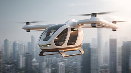 Flying taxi concept soars above the cityscape, a futuristic transportation vision.