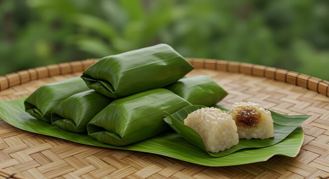 "En-cas Kelupis nourriture patrimoniale du Brun&eacute;i rouleau de riz gluant dans feuilles fra&icirc;ches"