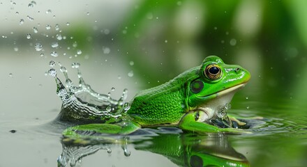 vivid green frog splashing water in natural aquatic environment showcasing vibrant amphibian flora and fauna close-up