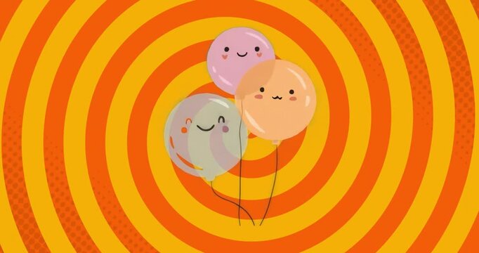 Backdrop rings pulsing causing three smiling balloons tilting, bobbing and shifting in endless loop