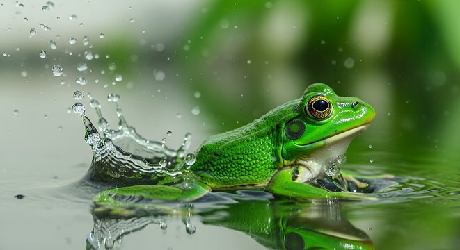 vivid green frog splashing water in natural aquatic environment showcasing vibrant amphibian flora and fauna close-up - Powered by Adobe