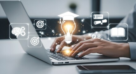 Digital Learning A Person's Hands on a Laptop with Icons Representing Online Education and Skill Development.  digital learning concept. business concept.