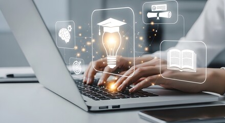Digital Learning A Person's Hands on a Laptop with Icons Representing Online Education and Skill Development.  digital learning concept. business concept.