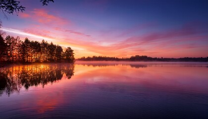 Obraz premium calm lake reflecting vibrant sunrise colors trees line horizon sky is orange and pink