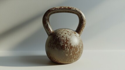 An antique kettlebell resting against a clean backdrop, ready for a workout session.