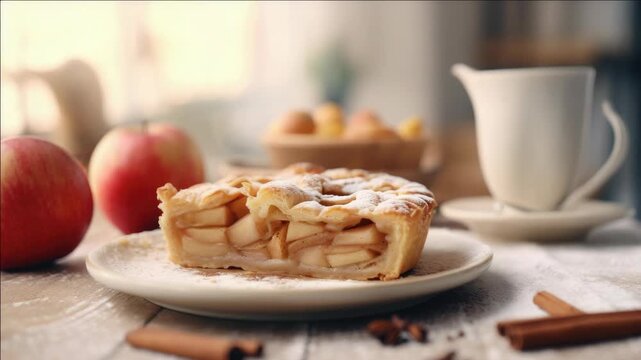A delicious slice of apple pie with visible cinnamon and sugar topping, sitting on a plate next to whole apples. Perfect for fall desserts or cozy gatherings.