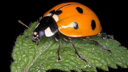 Fototapeta premium Macro Photo of Orange Ladybug on Green Leaf