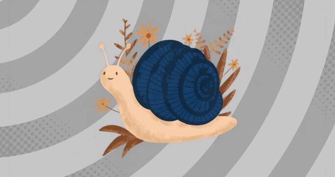 Upon placement snail nodding and bobbing with orange flowers behind blue shell on gray stripes