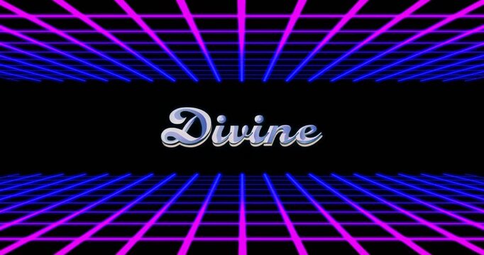 On load neon grid converging toward horizon framing glossy Divine text holding for branding reveal