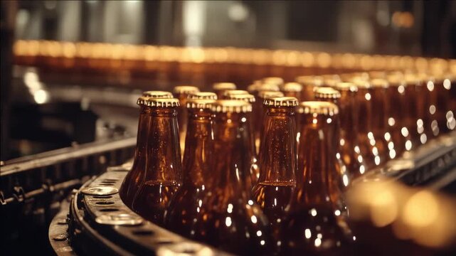 A view into a bottling plant where glass beverage containers are being manufactured and packaged. A row of clear beer bottles is seen moving along an automated production line.