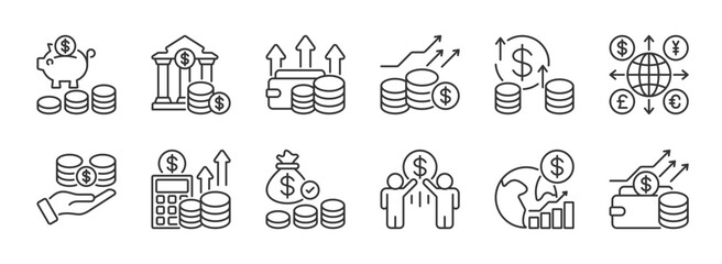financial money income icon line set dollar arrow cash flow business economy growth signs vector illustration finance chart sales symbol outline design