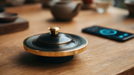 Obraz premium Focused medium shot of an electric gong striker device resting on a wooden table its sleek design in sharp clarity while the digital meditation timer app on a smartphone blurs