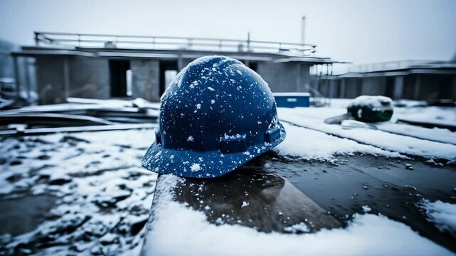 Construction hardhat covered in snow on a building site. Winter construction delays, safety gear, seasonal work, cold weather, contractor safety, project management, real estate, insurance use.