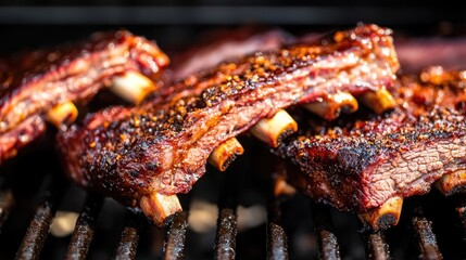 Close-up of Delicious Grilled Ribs with Smoky Glaze on BBQ Grill