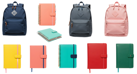 Collection of colorful backpacks and notebooks isolated on white background, perfect for school or office supplies