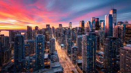 Obraz premium A vibrant cityscape panorama showcases a metropolis at sunrise, with towering structures and a dramatic colorful sky.