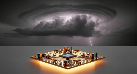dramatic storm clouds with lightning illuminating dark sky over an advanced electronic circuit board with glowing components and microchips