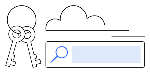 Cloud outline with two keys and a search bar featuring a magnifying glass. Ideal for cloud computing, cybersecurity, key management, online login, access control, data privacy, and simple landing