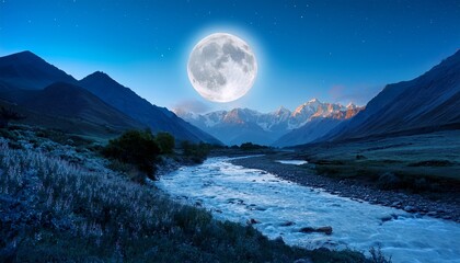 moonlit river flowing through majestic mountain landscape night scene natural environment serene viewpoint