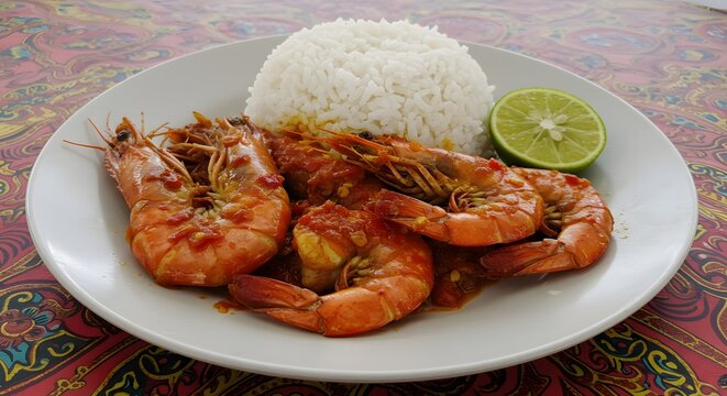 "Potrawa Udang Sambal tradycyjna kuchnia Azji Południowo-Wschodniej pikantne krewetki w sosie sambal"
