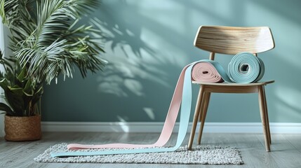 Pastel resistance bands rest on a wooden chair with a plant in the background.